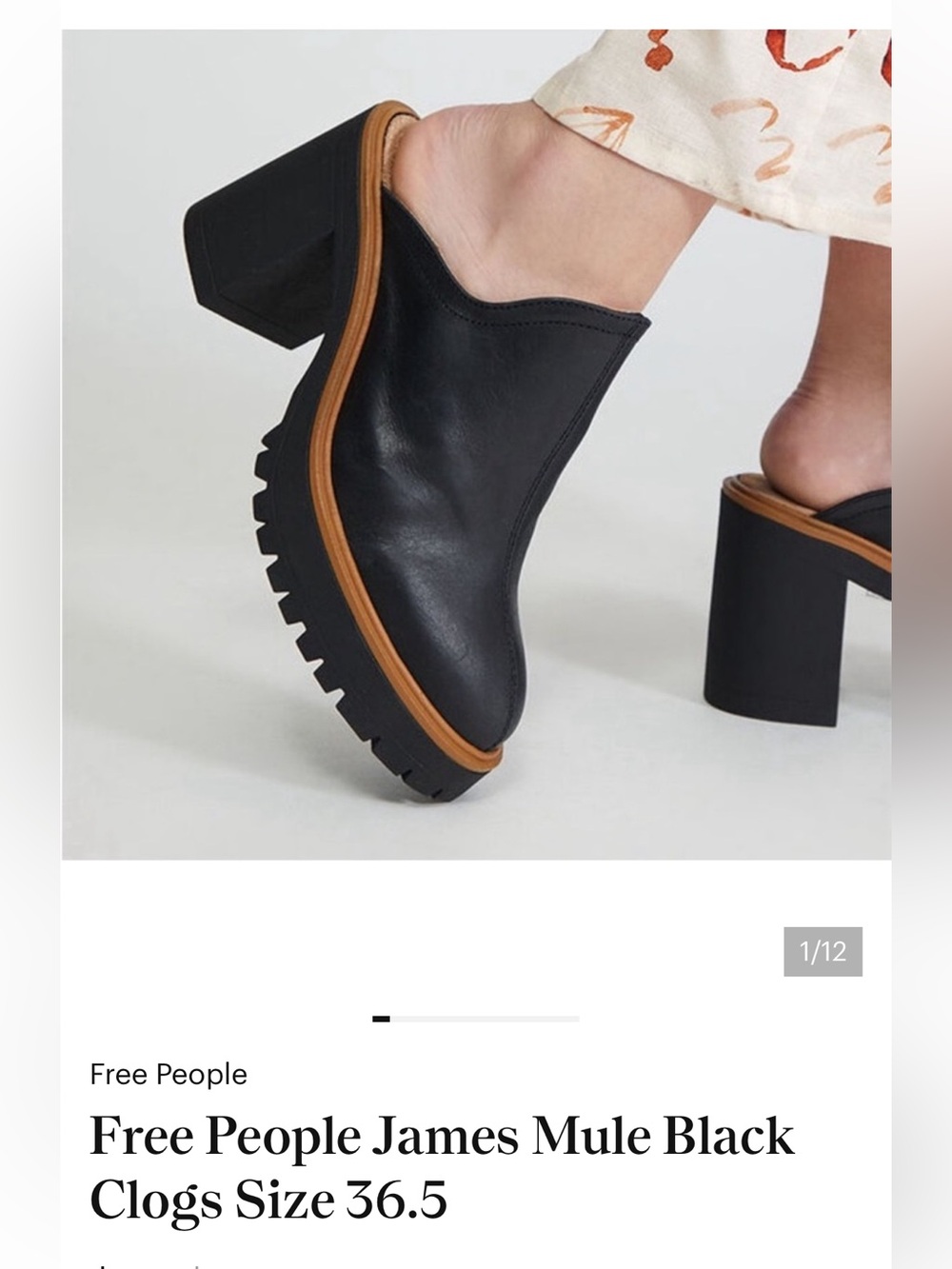 Free People Black Leather Mule with Brown Trim and Lug Sole
